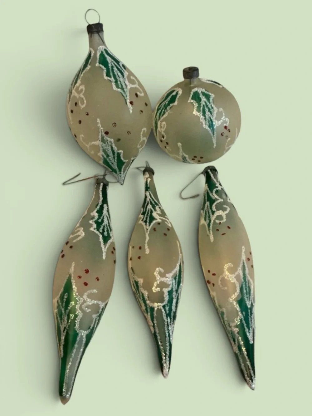 Set of 5 Vintage Hand Blown Glass Holly Ornaments Hand Painted Christmas Decor